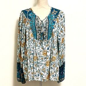 Floral Bohemian Blouse - Teal, Aqua and Yellow